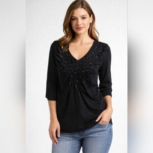 Decorated Originals Beaded Black Blouse Size Medium V-Neck 3/4 Sleeve Top